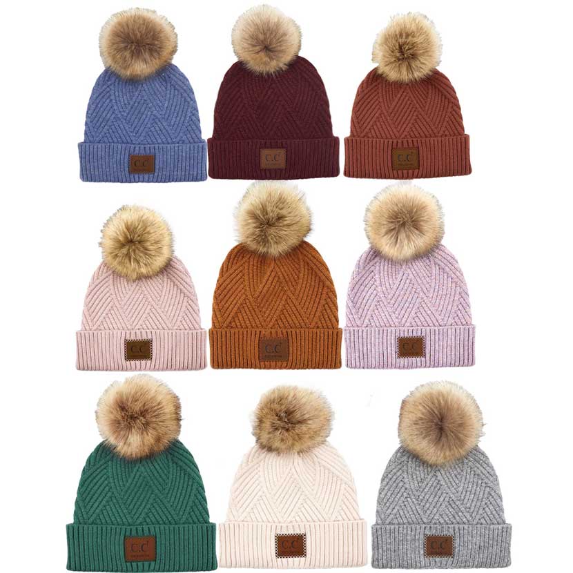 Women's Heather Beanie with Pom and Suede Patch