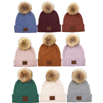 Women's Heather Beanie with Pom and Suede Patch