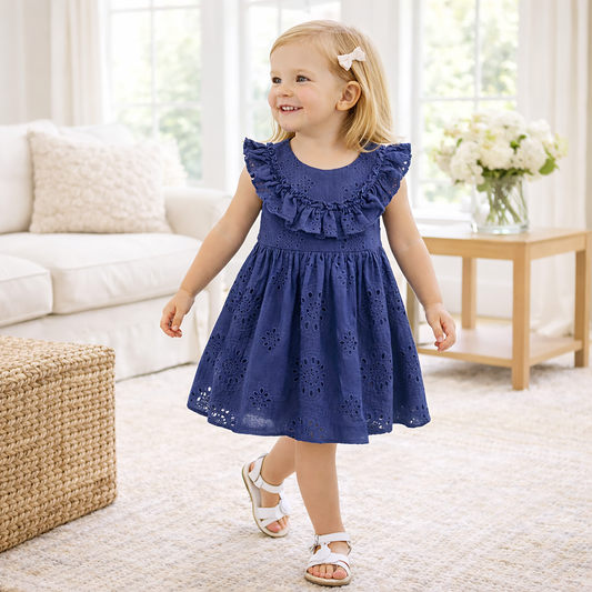 Girls' Cotton Eyelet Ruffle Dress, Blue Embroidered