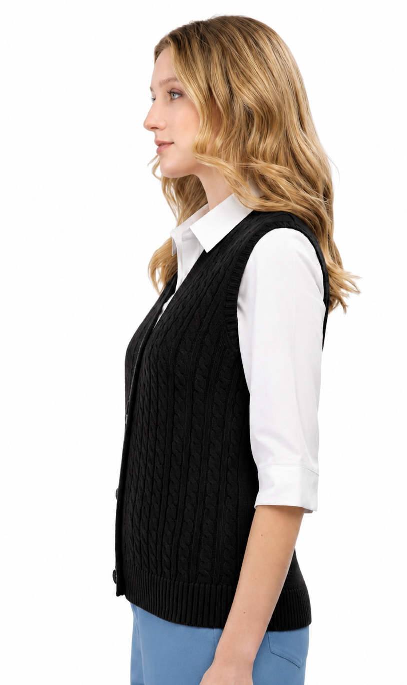 Women's Cable Knit Sweater Vest – Button Front