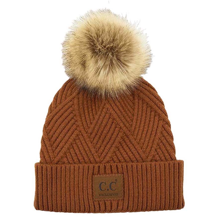 Women's Heather Beanie with Pom and Suede Patch