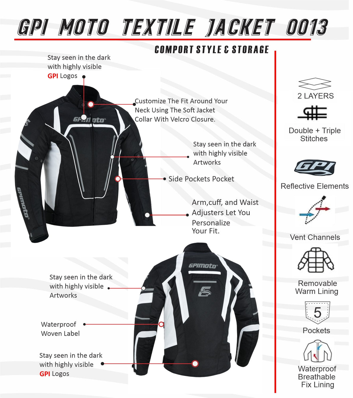 Men's All-Season Waterproof Motorcycle Jacket – Black/White, 4 Pockets