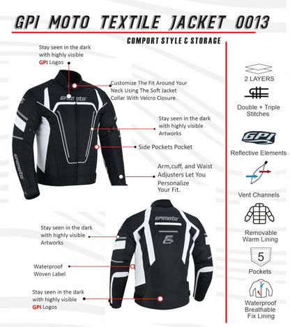 Men's All-Season Waterproof Motorcycle Jacket – Black/White, 4 Pockets