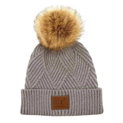 Women's Heather Beanie with Pom and Suede Patch