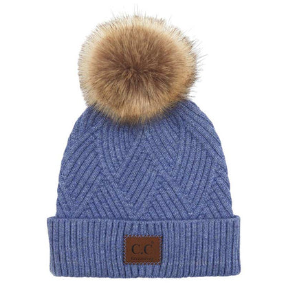 Women's Heather Beanie with Pom and Suede Patch