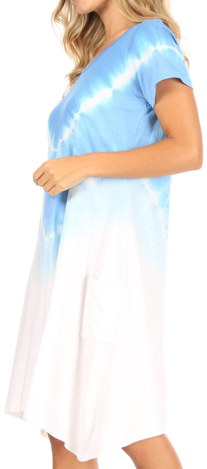 Women's Casual Tie-Dye Midi Boho Loose Short Sleeve Knit Dress with Pockets