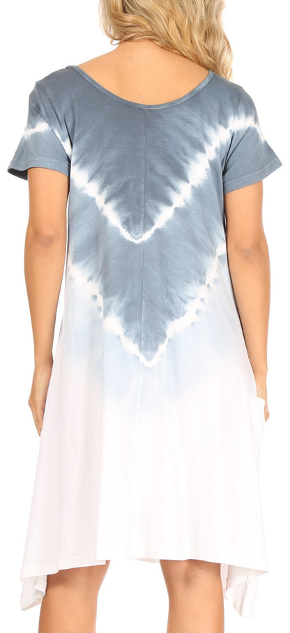 Women's Casual Tie-Dye Midi Boho Loose Short Sleeve Knit Dress with Pockets