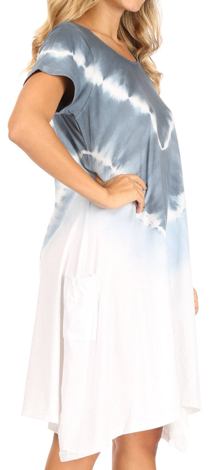 Women's Casual Tie-Dye Midi Boho Loose Short Sleeve Knit Dress with Pockets
