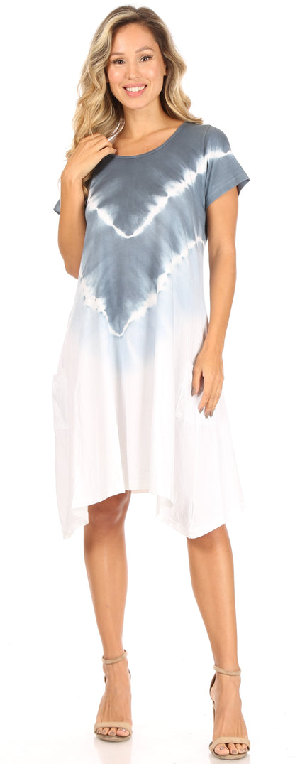 Women's Casual Tie-Dye Midi Boho Loose Short Sleeve Knit Dress with Pockets