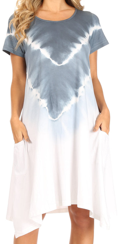 Women's Casual Tie-Dye Midi Boho Loose Short Sleeve Knit Dress with Pockets