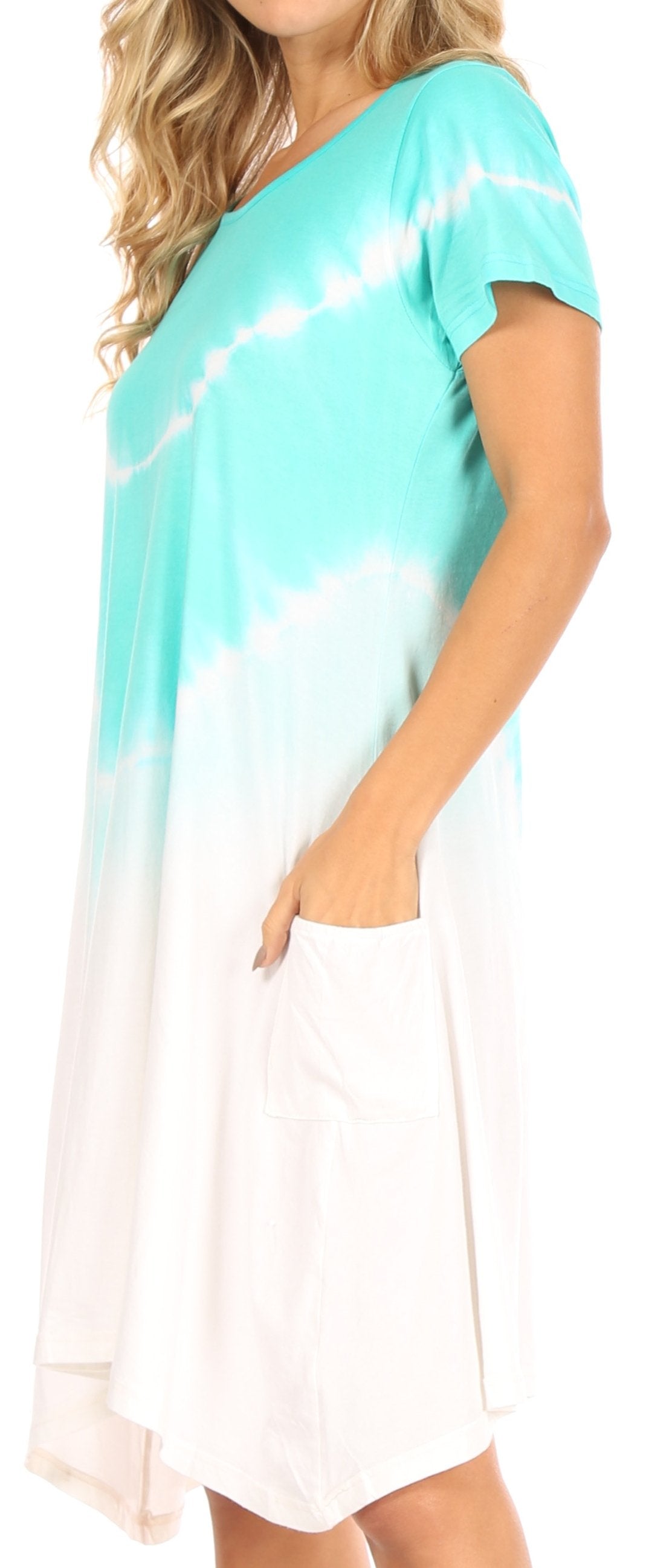 Women's Casual Tie-Dye Midi Boho Loose Short Sleeve Knit Dress with Pockets