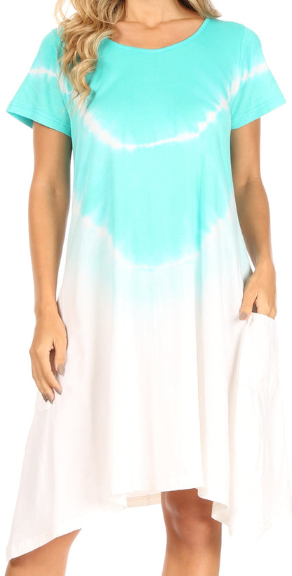 Women's Casual Tie-Dye Midi Boho Loose Short Sleeve Knit Dress with Pockets