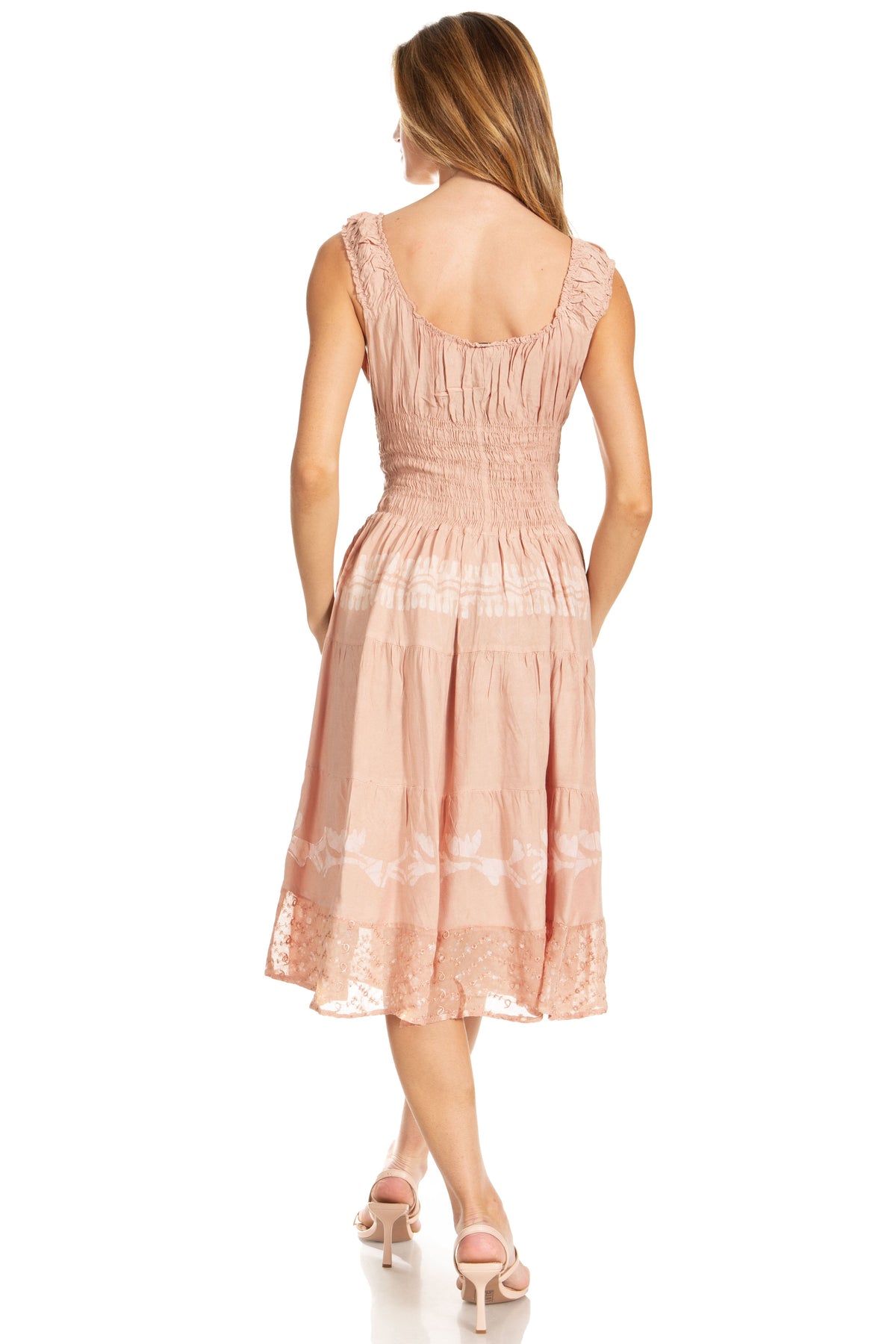 Women's Off-Shoulder Smocked Ruffle Midi Dress – Tie Dye & Embroidery