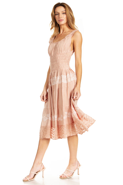 Women's Off-Shoulder Smocked Ruffle Midi Dress – Tie Dye & Embroidery