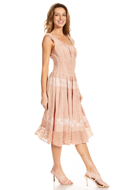 Women's Off-Shoulder Smocked Ruffle Midi Dress – Tie Dye & Embroidery