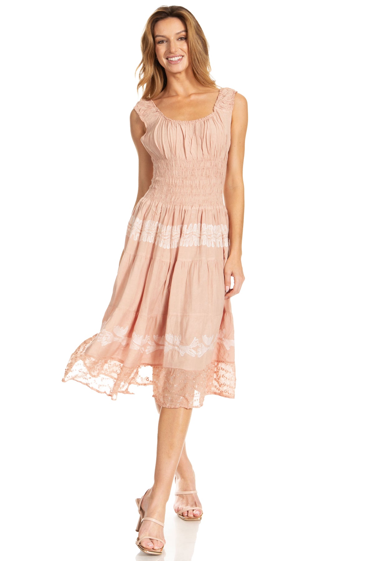 Women's Off-Shoulder Smocked Ruffle Midi Dress – Tie Dye & Embroidery
