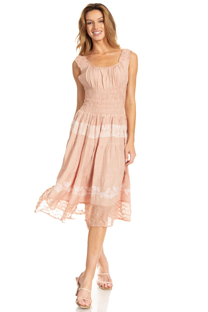 Women's Off-Shoulder Smocked Ruffle Midi Dress – Tie Dye & Embroidery