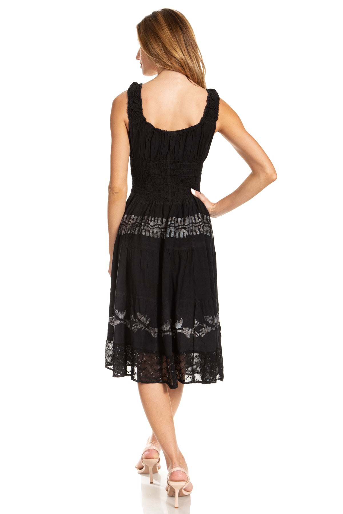 Women's Off-Shoulder Smocked Ruffle Midi Dress – Tie Dye & Embroidery