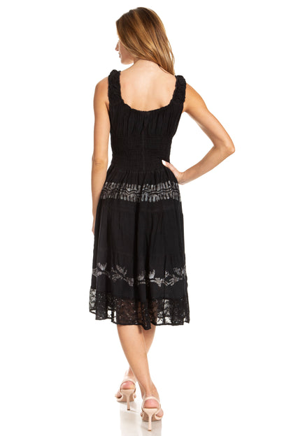 Women's Off-Shoulder Smocked Ruffle Midi Dress – Tie Dye & Embroidery