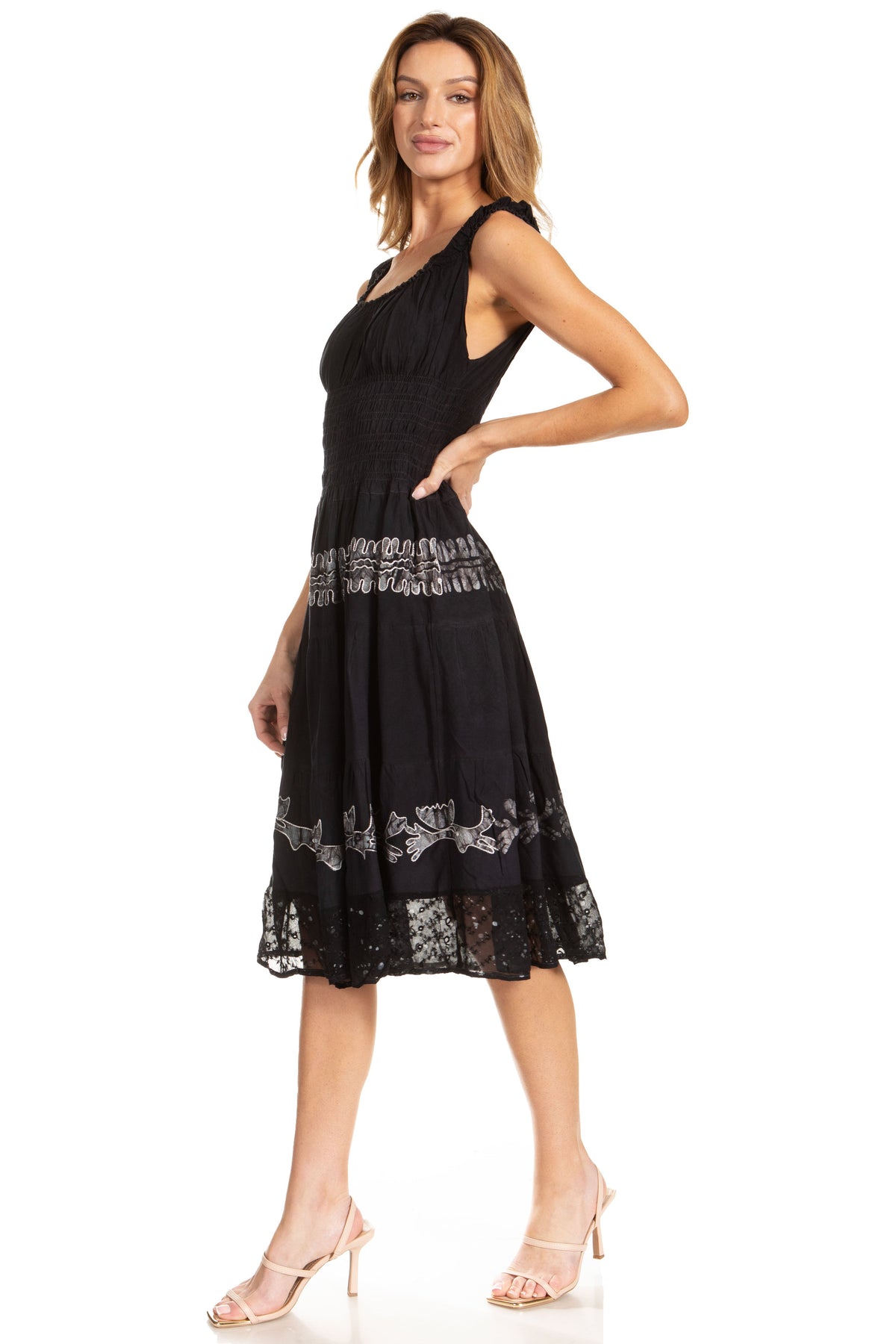 Women's Off-Shoulder Smocked Ruffle Midi Dress – Tie Dye & Embroidery