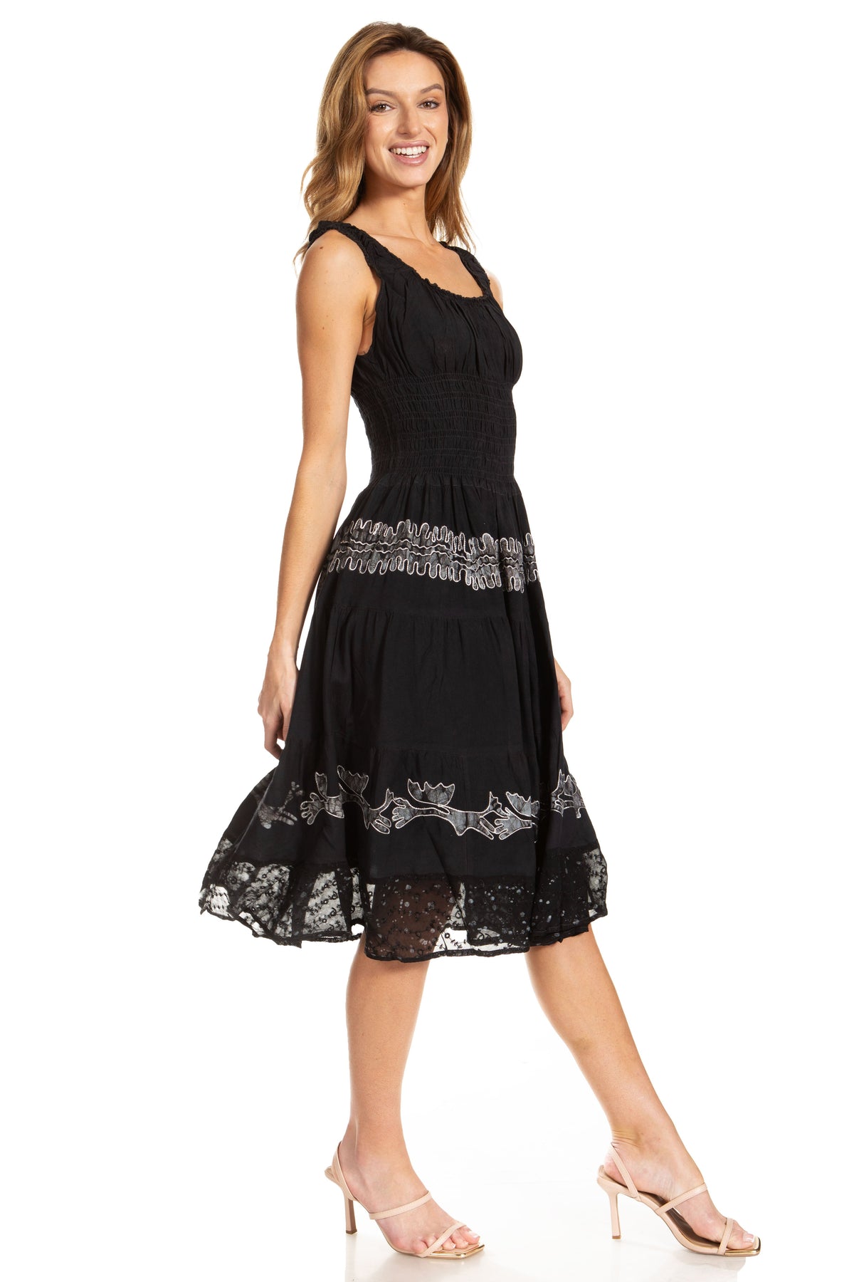 Women's Off-Shoulder Smocked Ruffle Midi Dress – Tie Dye & Embroidery