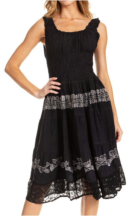 Women's Off-Shoulder Smocked Ruffle Midi Dress – Tie Dye & Embroidery