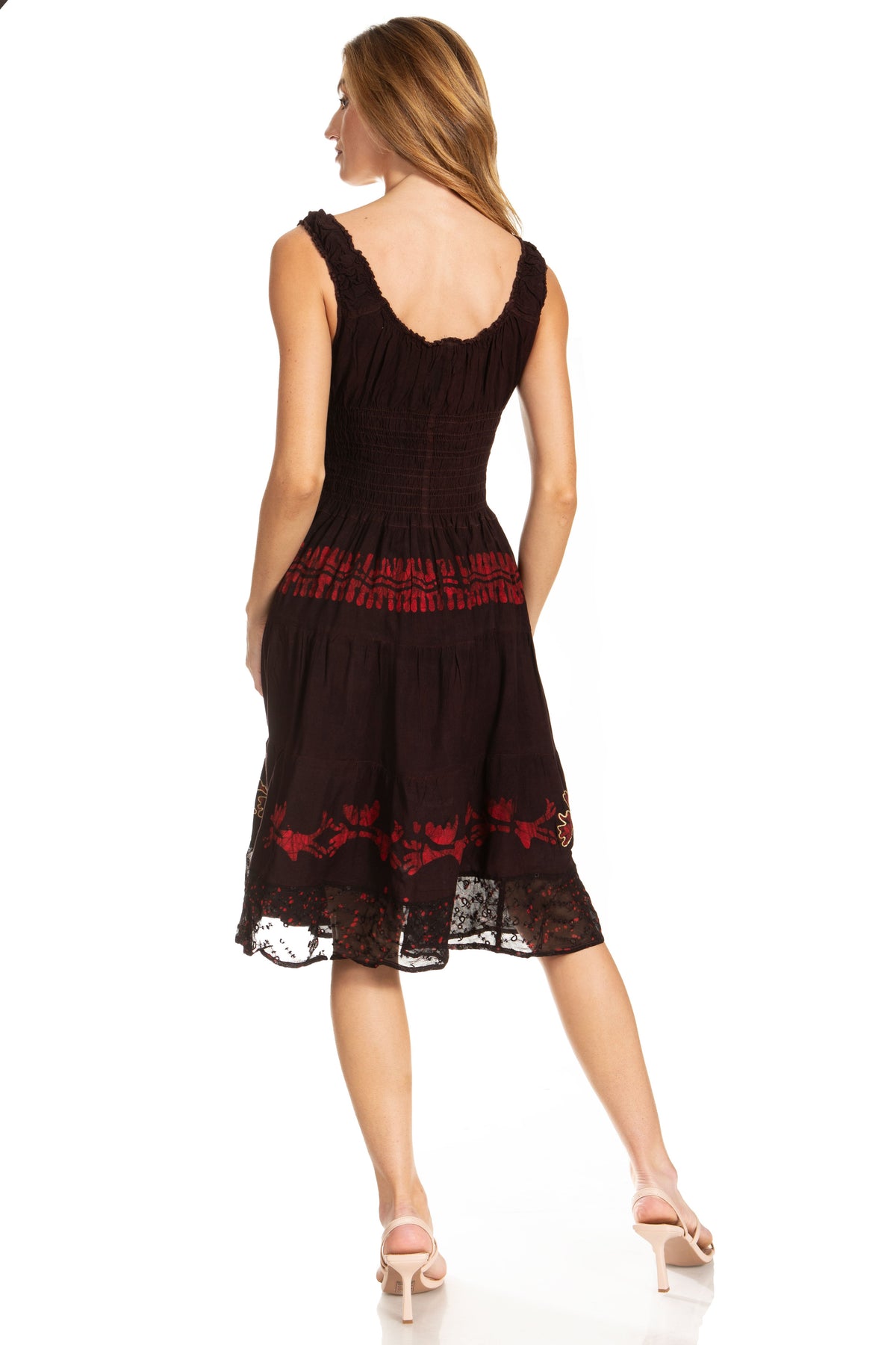 Women's Off-Shoulder Smocked Ruffle Midi Dress – Tie Dye & Embroidery