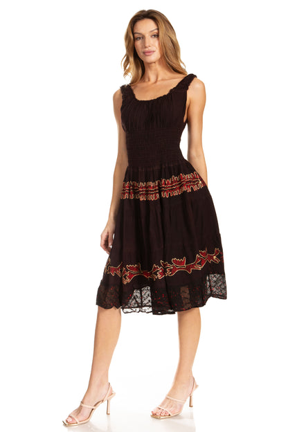 Women's Off-Shoulder Smocked Ruffle Midi Dress – Tie Dye & Embroidery