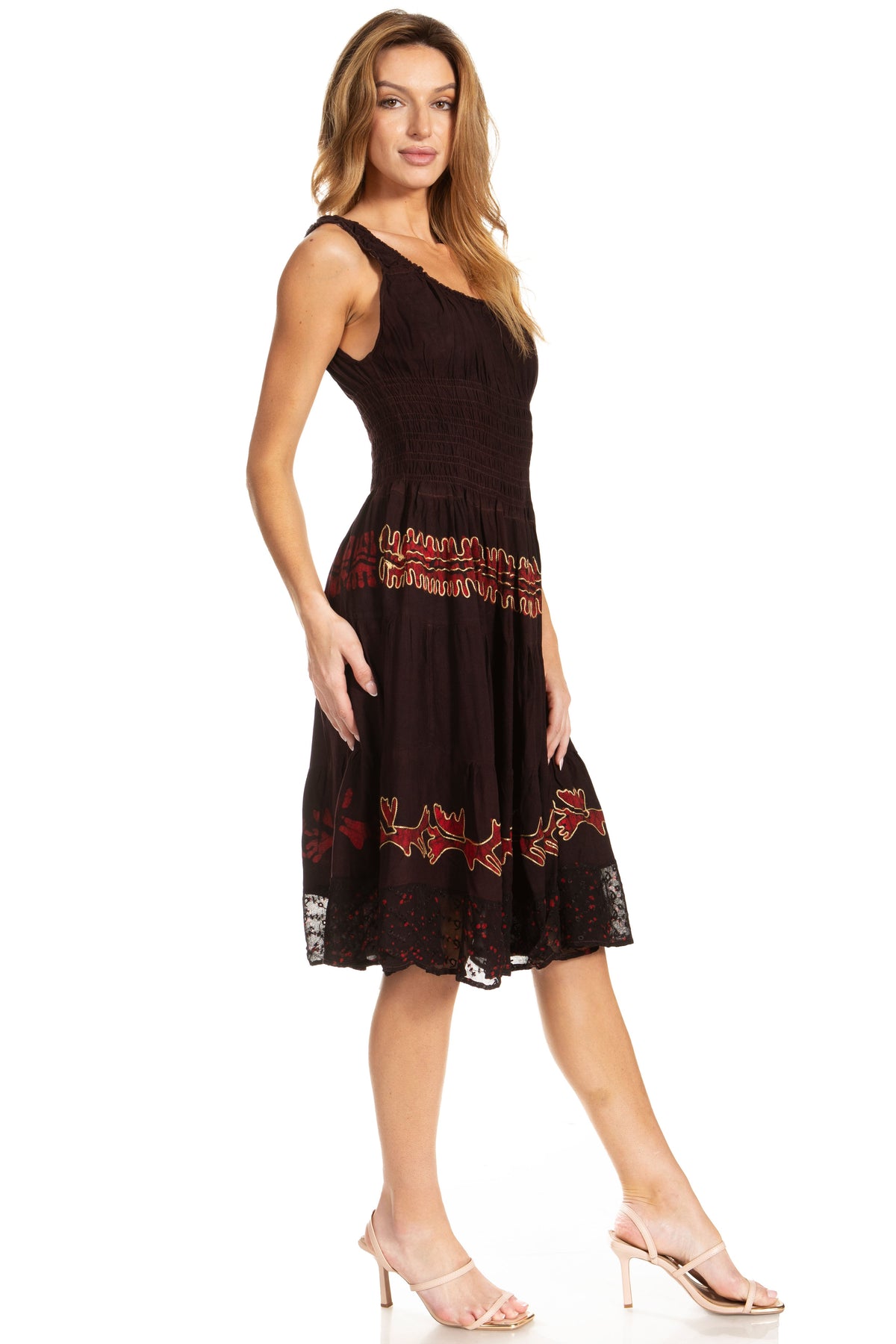 Women's Off-Shoulder Smocked Ruffle Midi Dress – Tie Dye & Embroidery