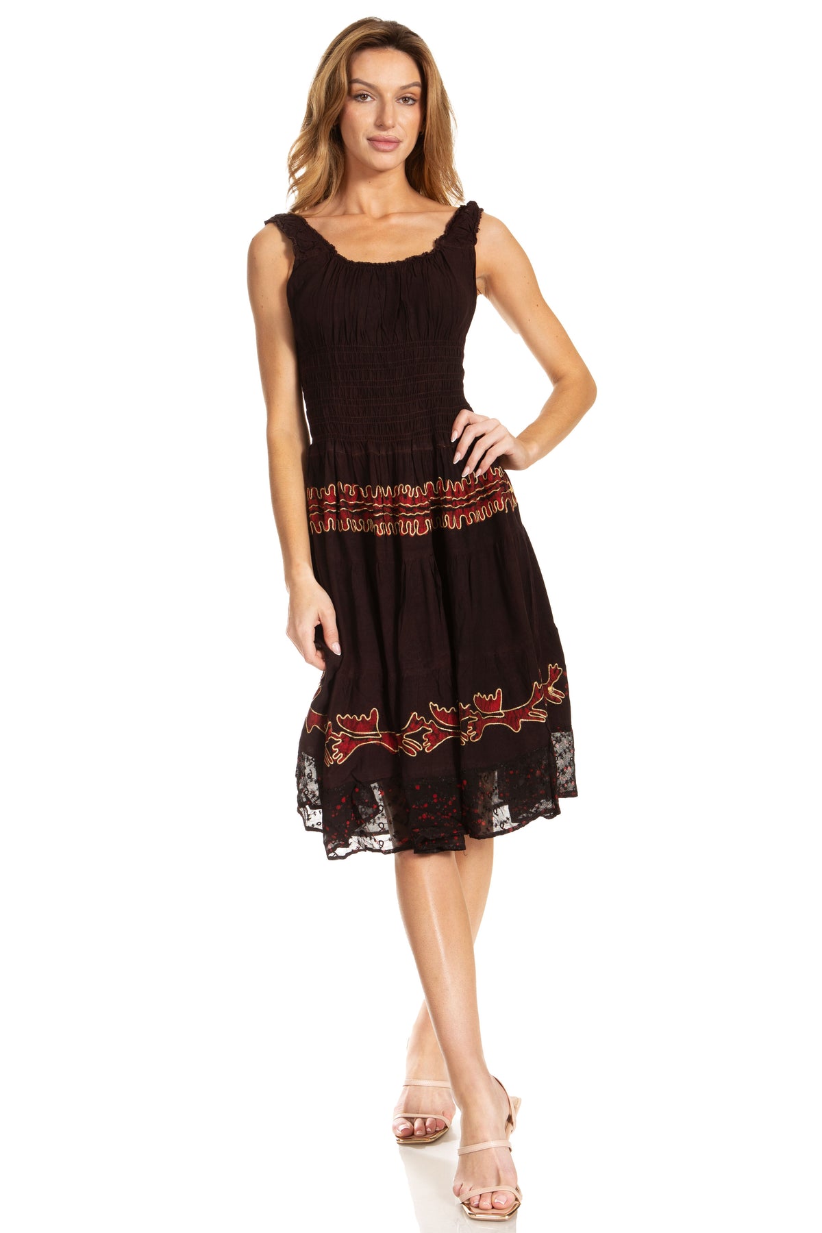 Women's Off-Shoulder Smocked Ruffle Midi Dress – Tie Dye & Embroidery