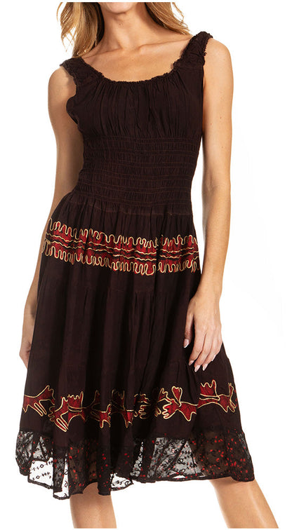 Women's Off-Shoulder Smocked Ruffle Midi Dress – Tie Dye & Embroidery