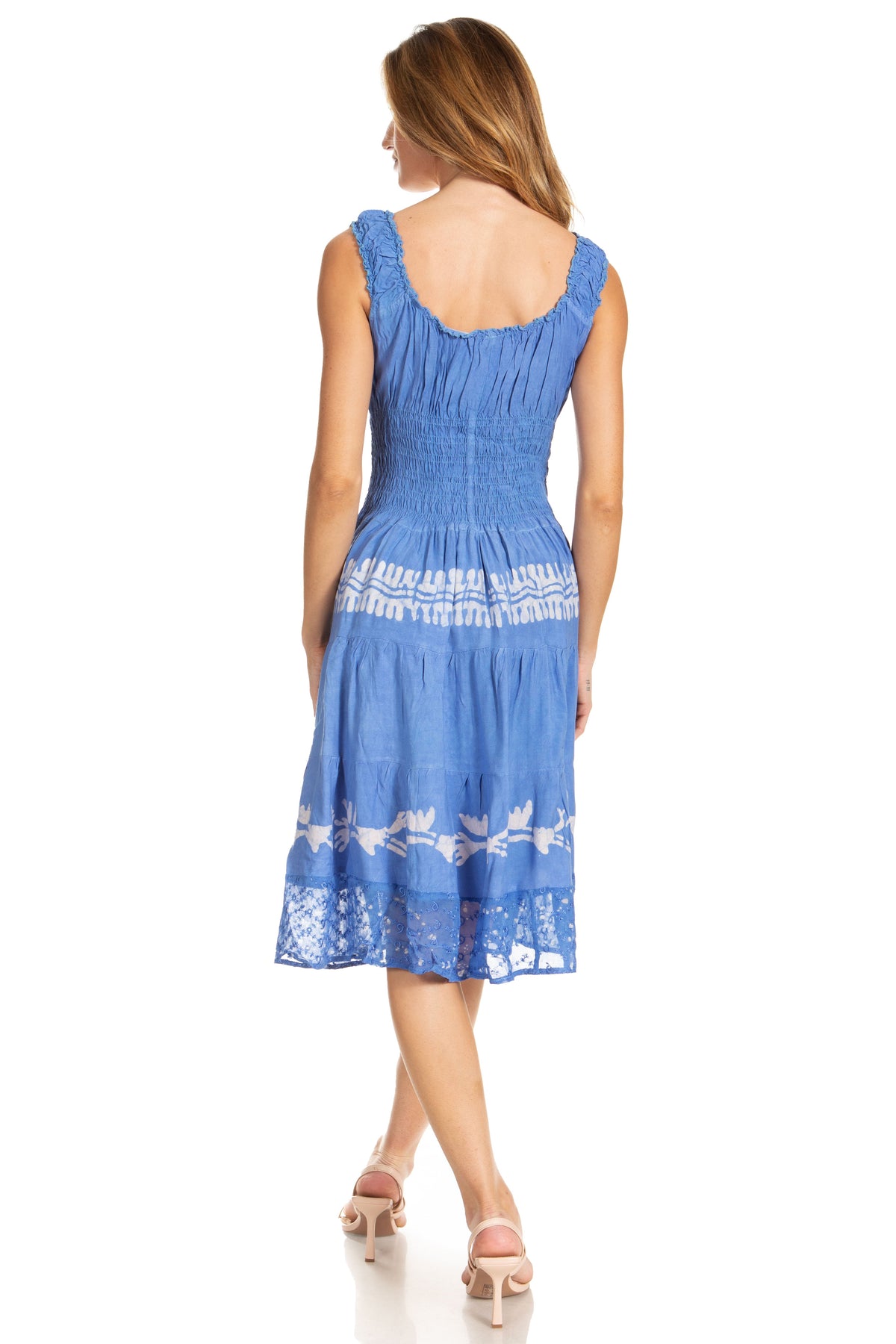 Women's Off-Shoulder Smocked Ruffle Midi Dress – Tie Dye & Embroidery