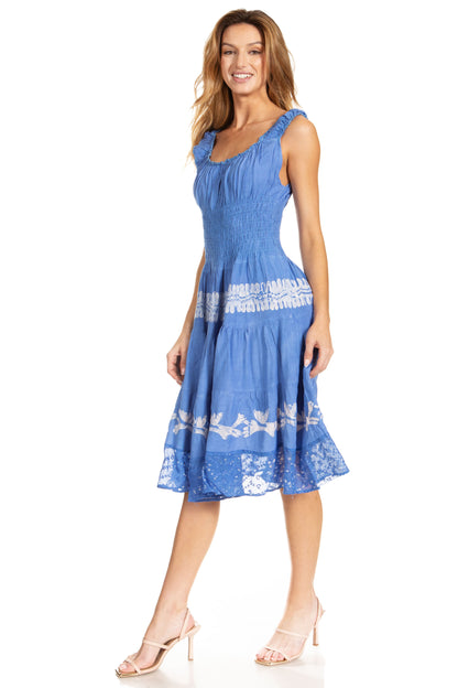 Women's Off-Shoulder Smocked Ruffle Midi Dress – Tie Dye & Embroidery