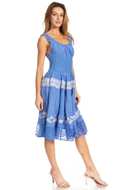 Women's Off-Shoulder Smocked Ruffle Midi Dress – Tie Dye & Embroidery