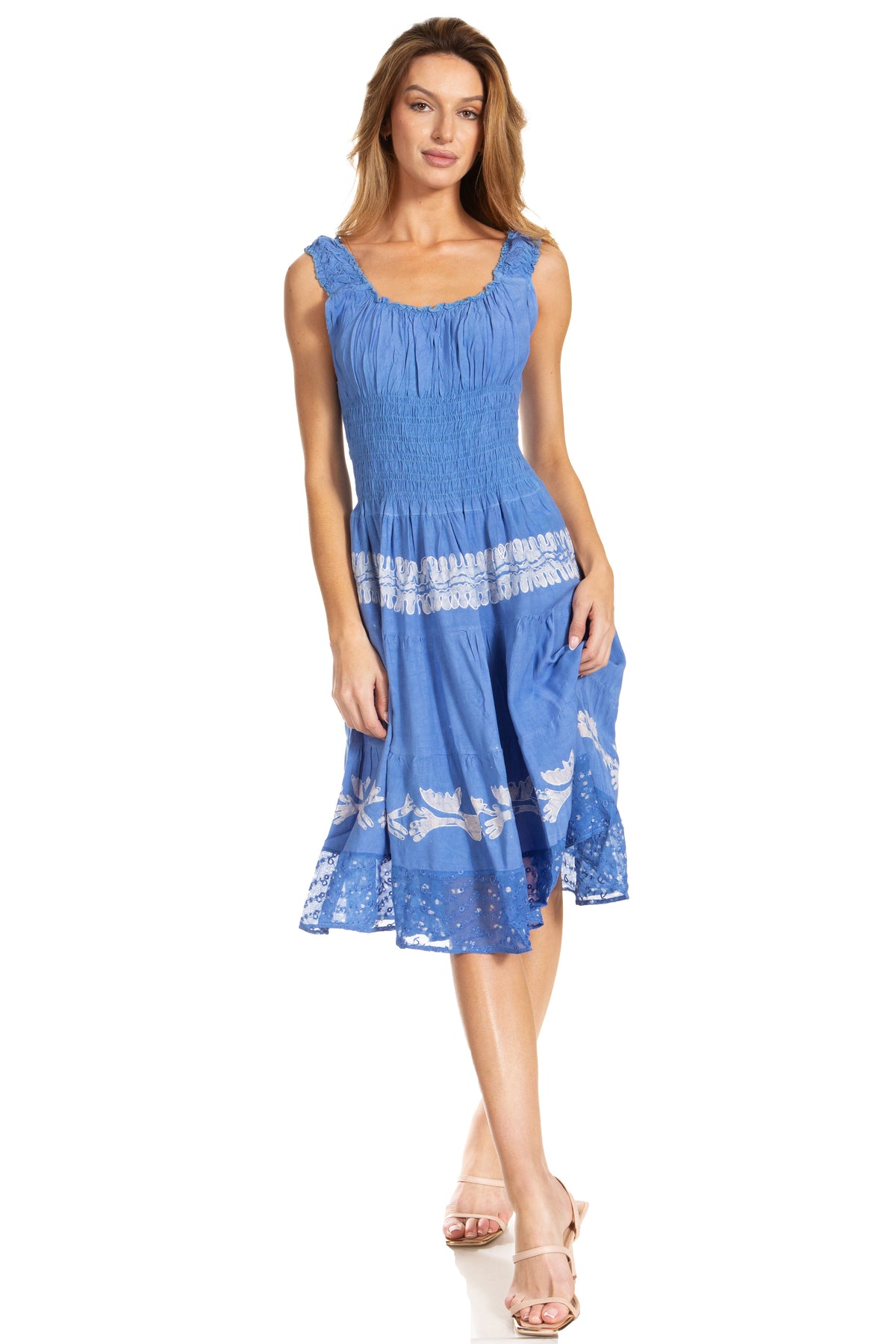 Women's Off-Shoulder Smocked Ruffle Midi Dress – Tie Dye & Embroidery