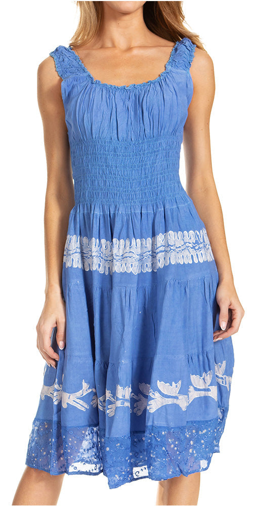 Women's Off-Shoulder Smocked Ruffle Midi Dress – Tie Dye & Embroidery