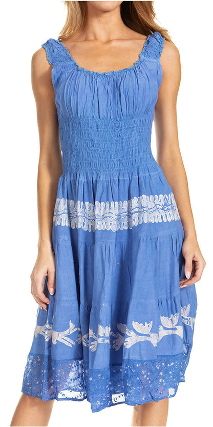 Women's Off-Shoulder Smocked Ruffle Midi Dress – Tie Dye & Embroidery