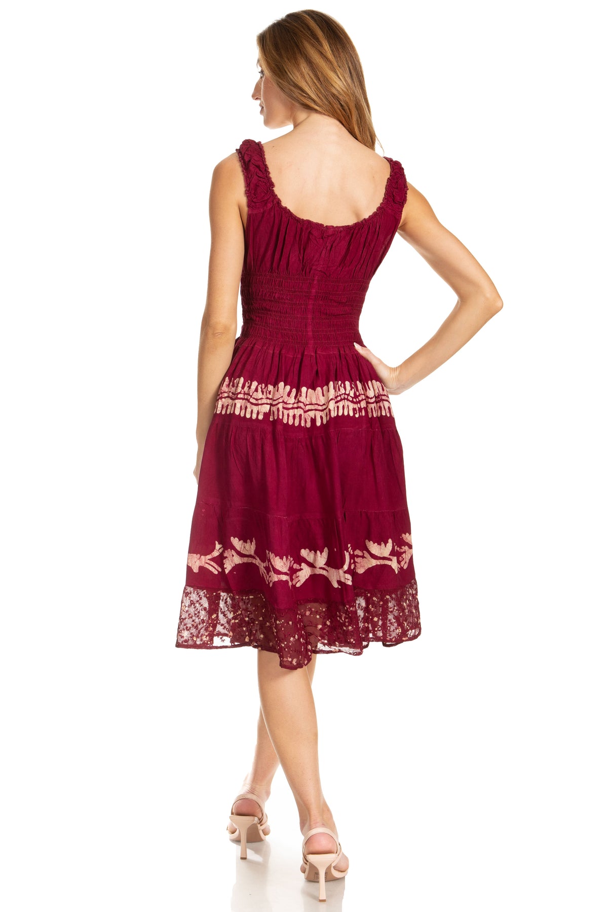 Women's Off-Shoulder Smocked Ruffle Midi Dress – Tie Dye & Embroidery