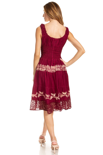 Women's Off-Shoulder Smocked Ruffle Midi Dress – Tie Dye & Embroidery