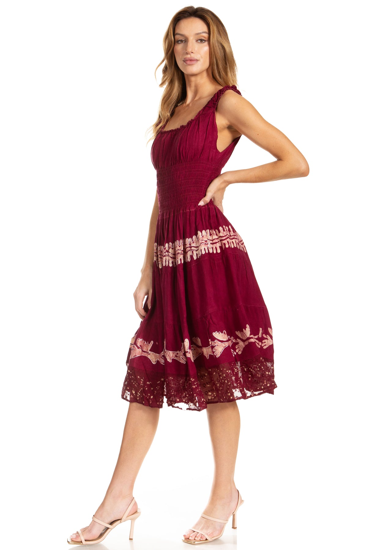 Women's Off-Shoulder Smocked Ruffle Midi Dress – Tie Dye & Embroidery