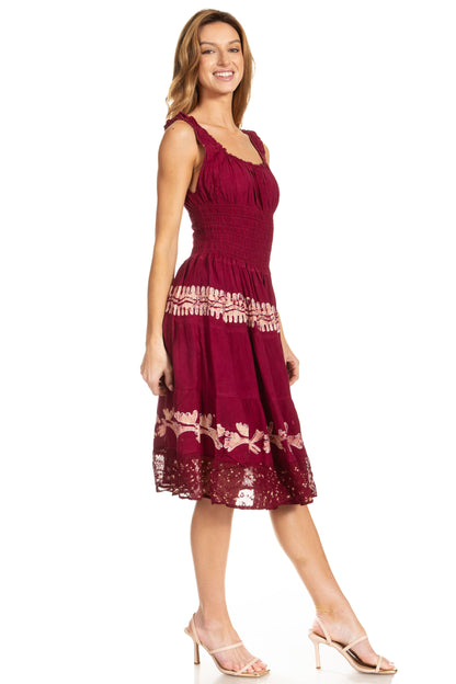 Women's Off-Shoulder Smocked Ruffle Midi Dress – Tie Dye & Embroidery