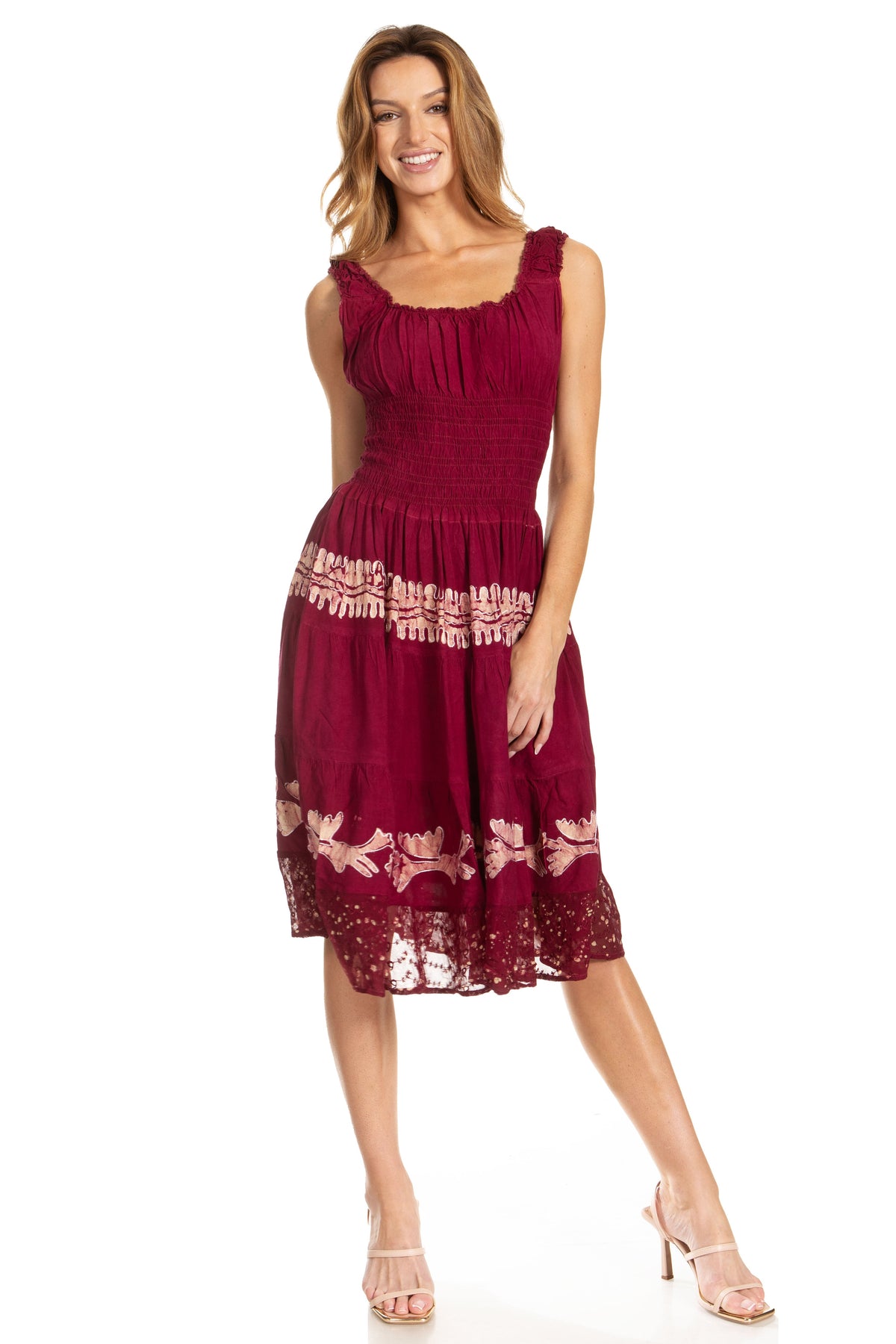Women's Off-Shoulder Smocked Ruffle Midi Dress – Tie Dye & Embroidery