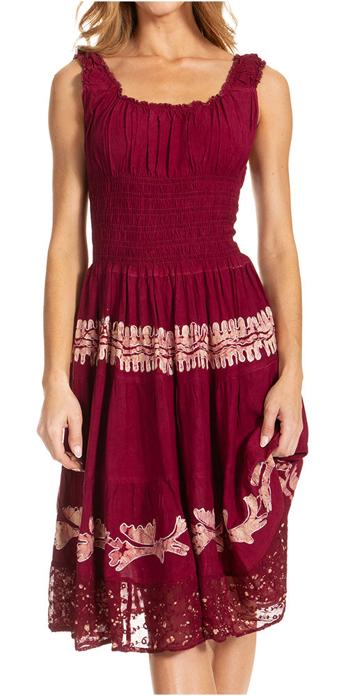 Women's Off-Shoulder Smocked Ruffle Midi Dress – Tie Dye & Embroidery