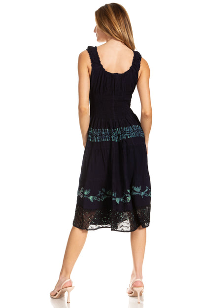 Women's Off-Shoulder Smocked Ruffle Midi Dress – Tie Dye & Embroidery