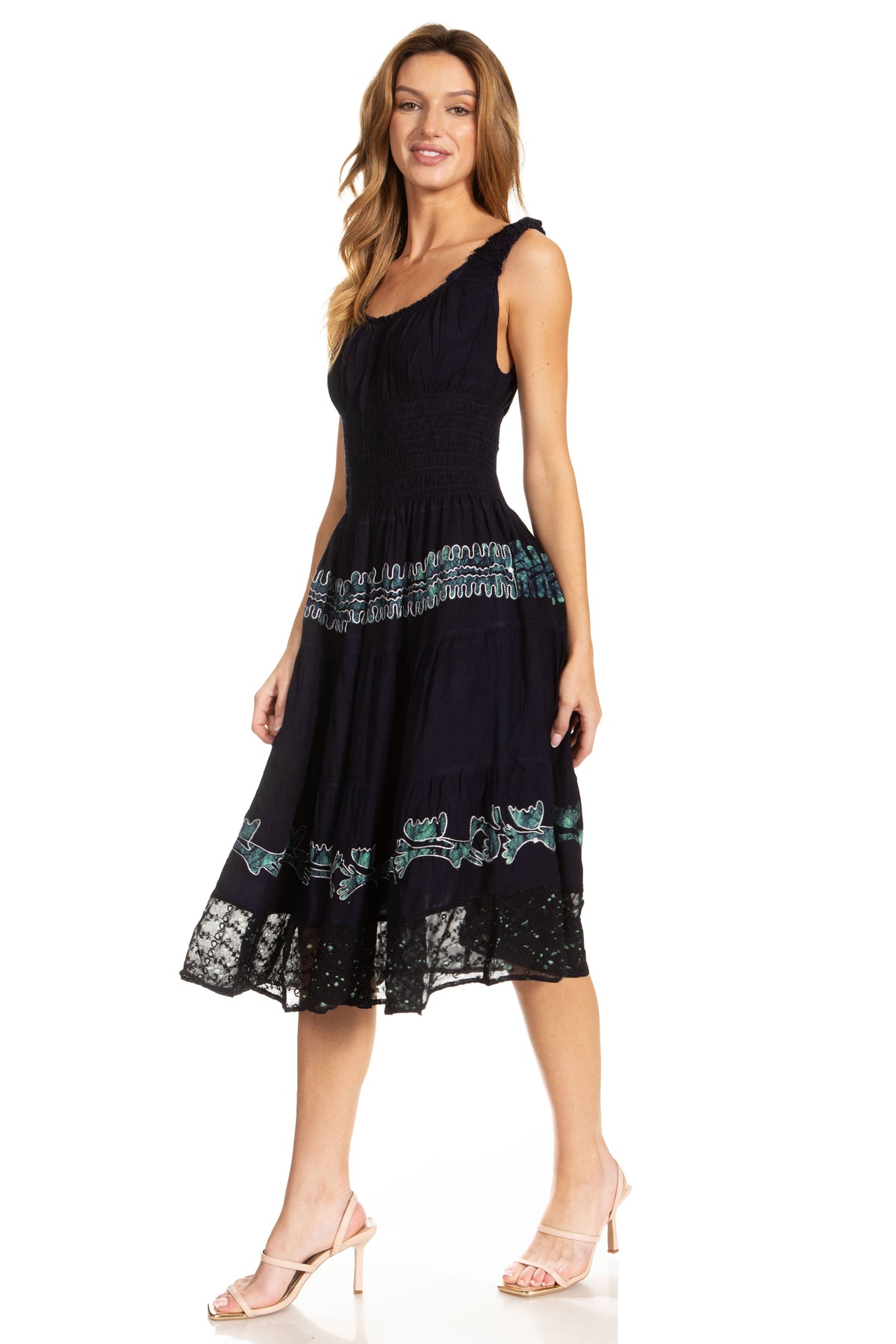 Women's Off-Shoulder Smocked Ruffle Midi Dress – Tie Dye & Embroidery