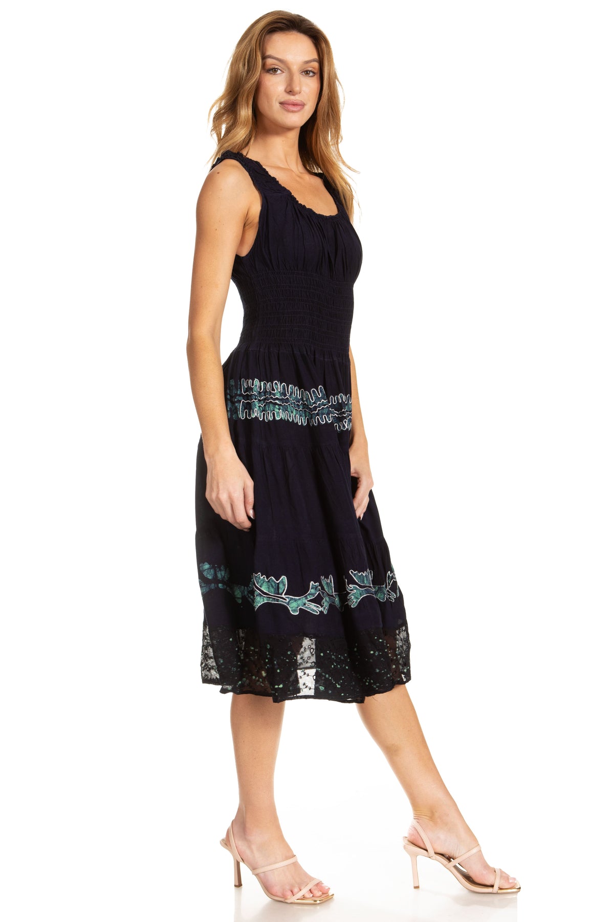 Women's Off-Shoulder Smocked Ruffle Midi Dress – Tie Dye & Embroidery