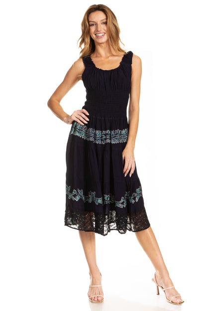 Women's Off-Shoulder Smocked Ruffle Midi Dress – Tie Dye & Embroidery
