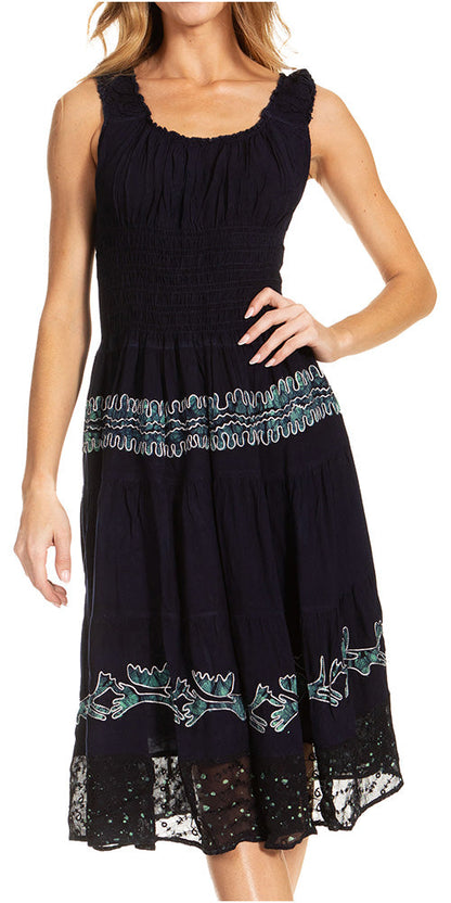 Women's Off-Shoulder Smocked Ruffle Midi Dress – Tie Dye & Embroidery