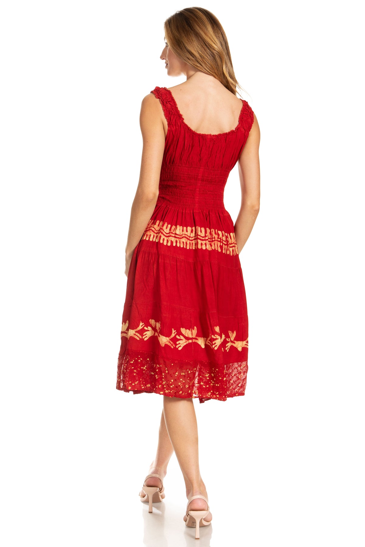 Women's Off-Shoulder Smocked Ruffle Midi Dress – Tie Dye & Embroidery