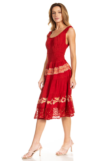 Women's Off-Shoulder Smocked Ruffle Midi Dress – Tie Dye & Embroidery